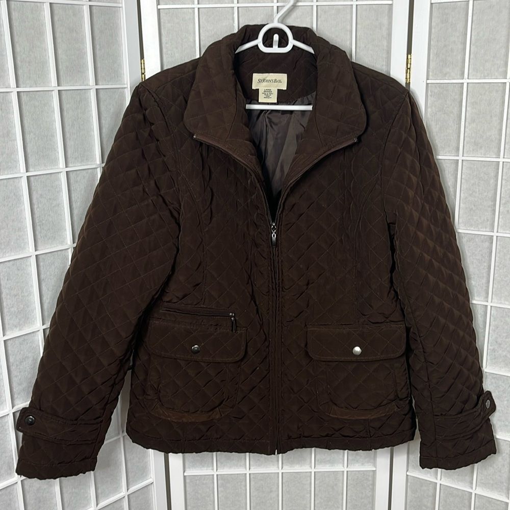 St. John’s Bay Quilted Brown Zip Puffer Winter Coat Jacket Zip Down Classic Fit